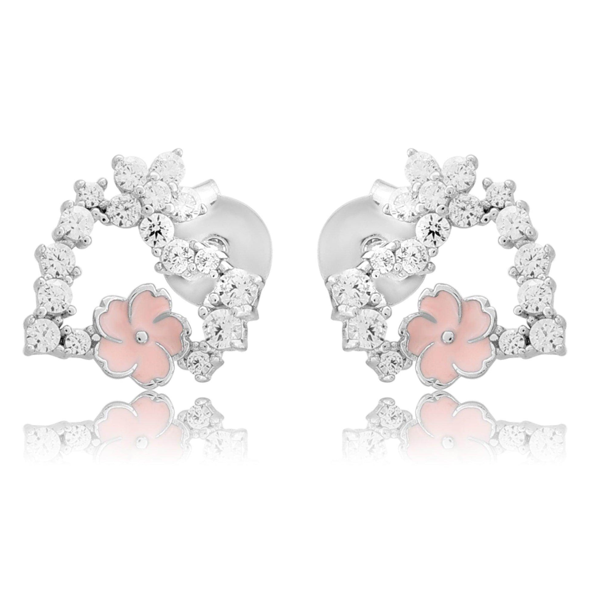 Silver Zircon Flower heart Earrings - SAAAR Jewellery