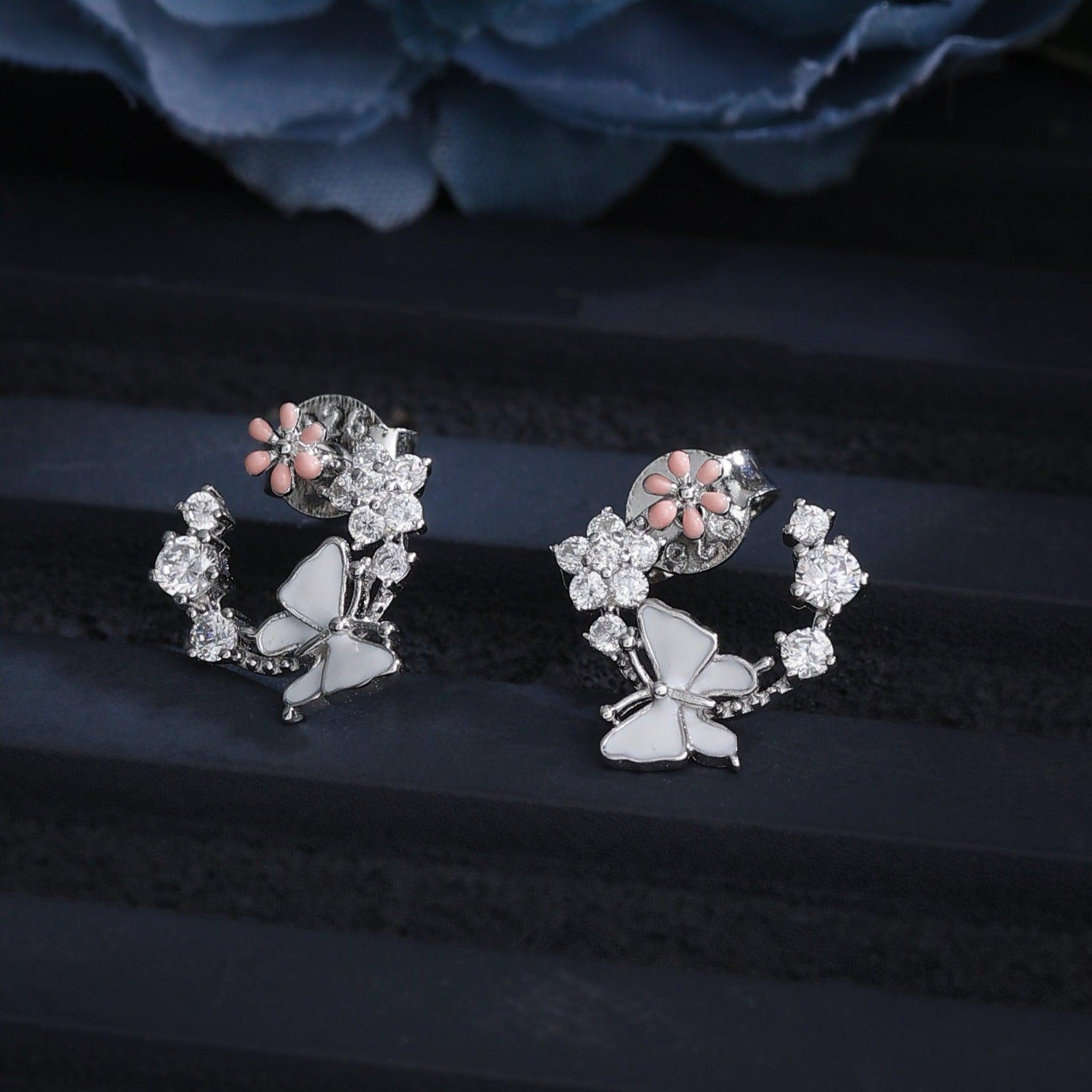 Silver Zircon Flower  Earrings