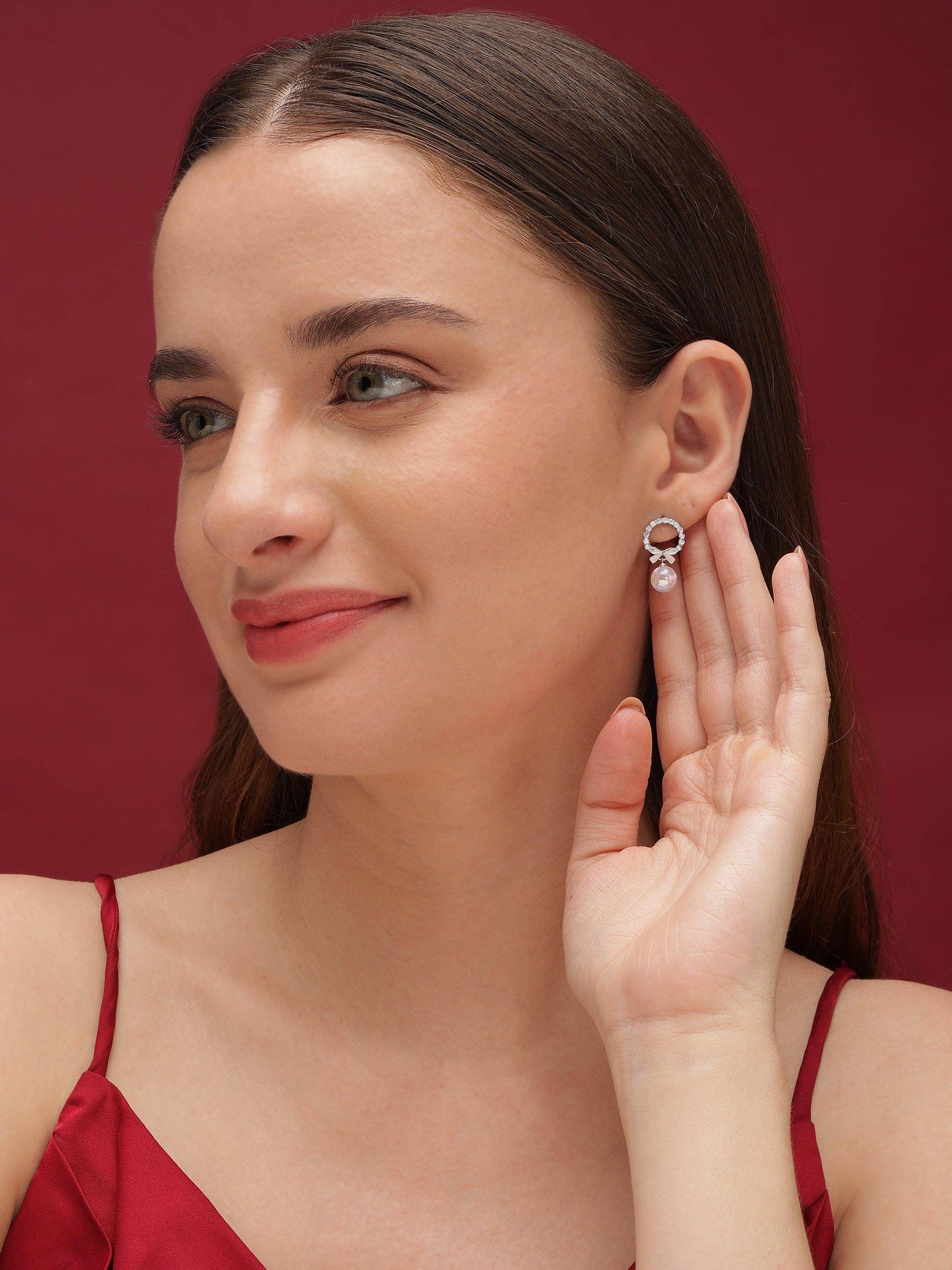 Zircon Pearl Drop with bow Earrings - SAAAR Jewellery