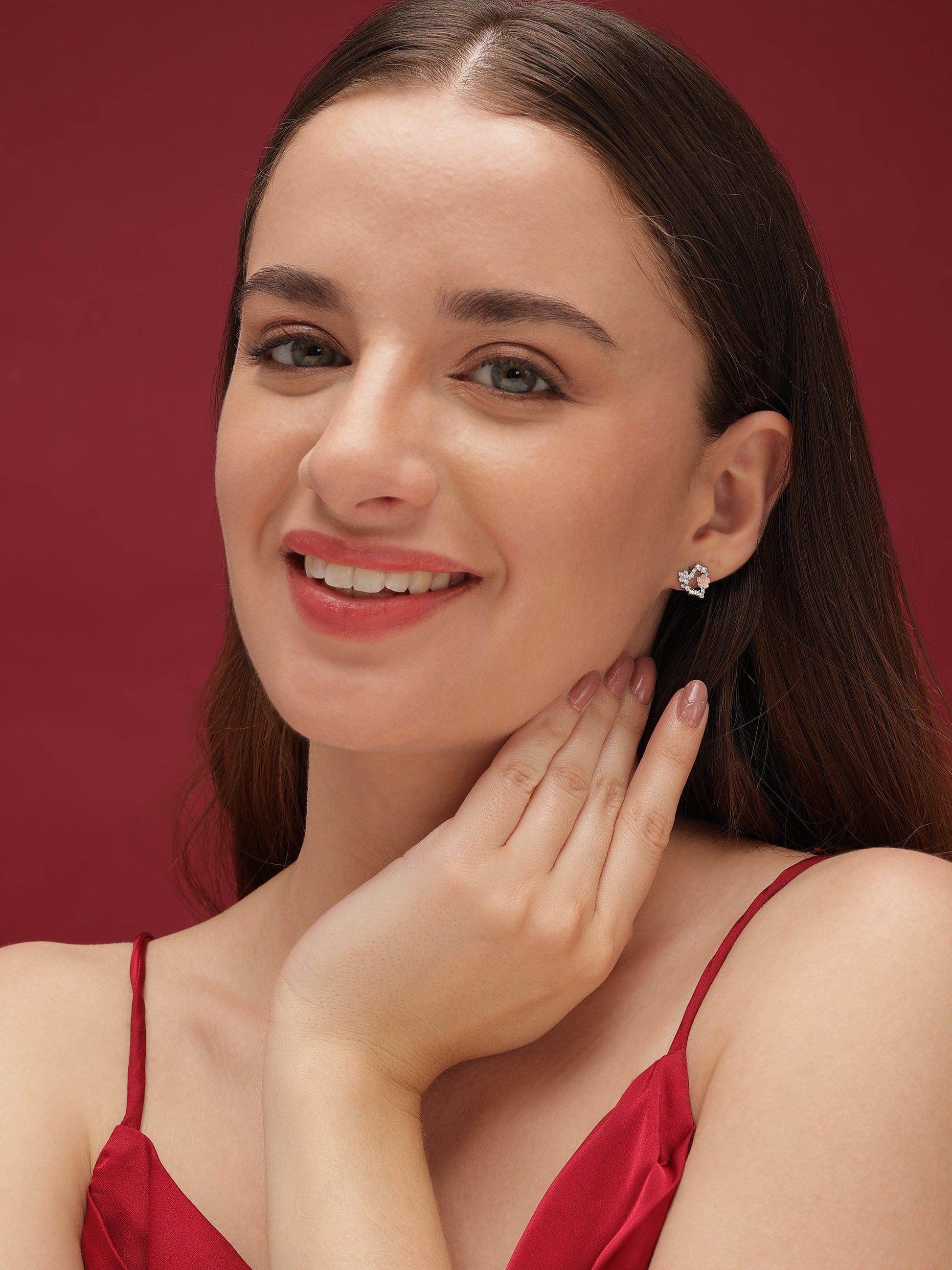 Silver Zircon Flower heart Earrings - SAAAR Jewellery