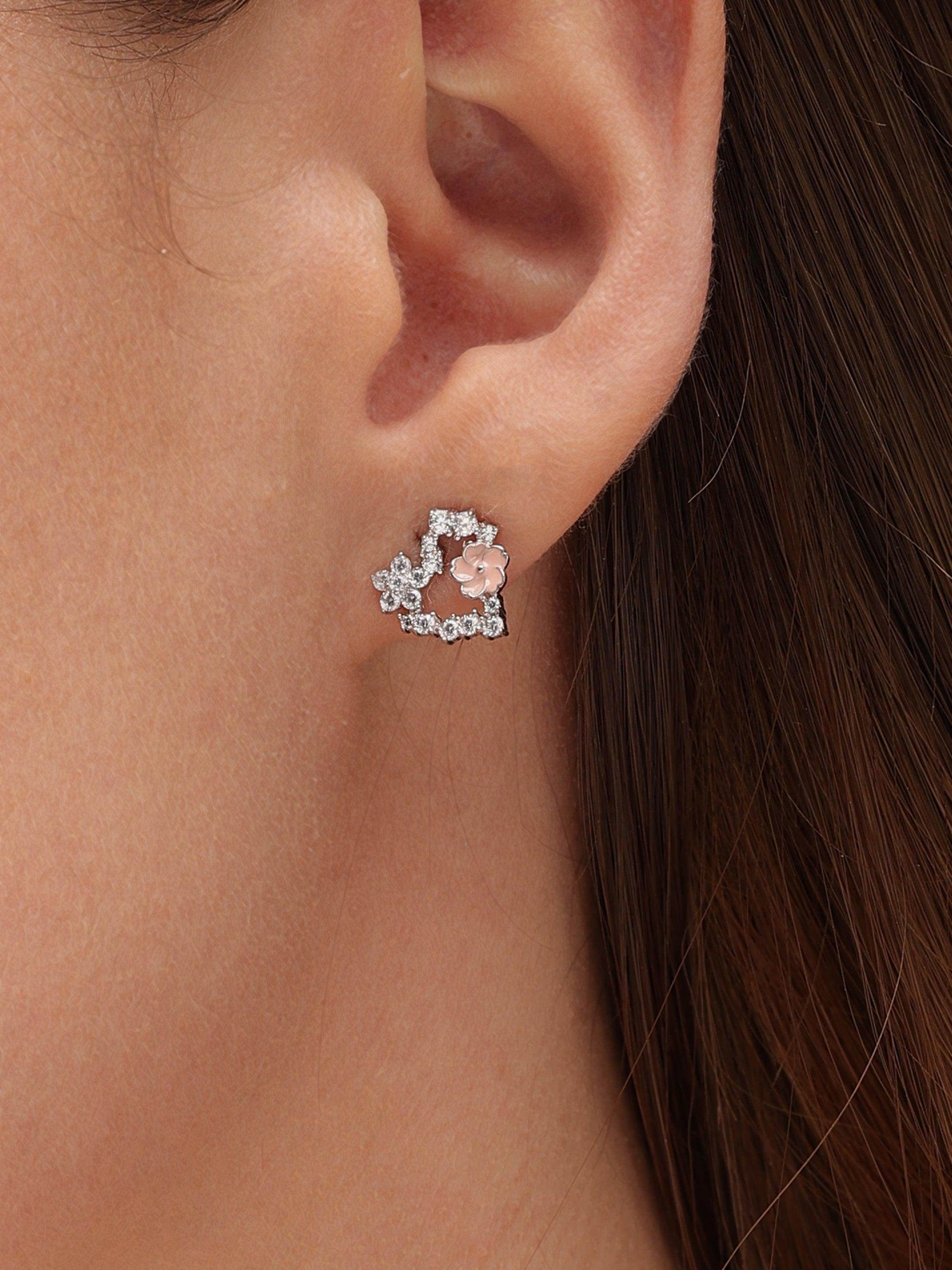 Silver Zircon Flower heart Earrings - SAAAR Jewellery