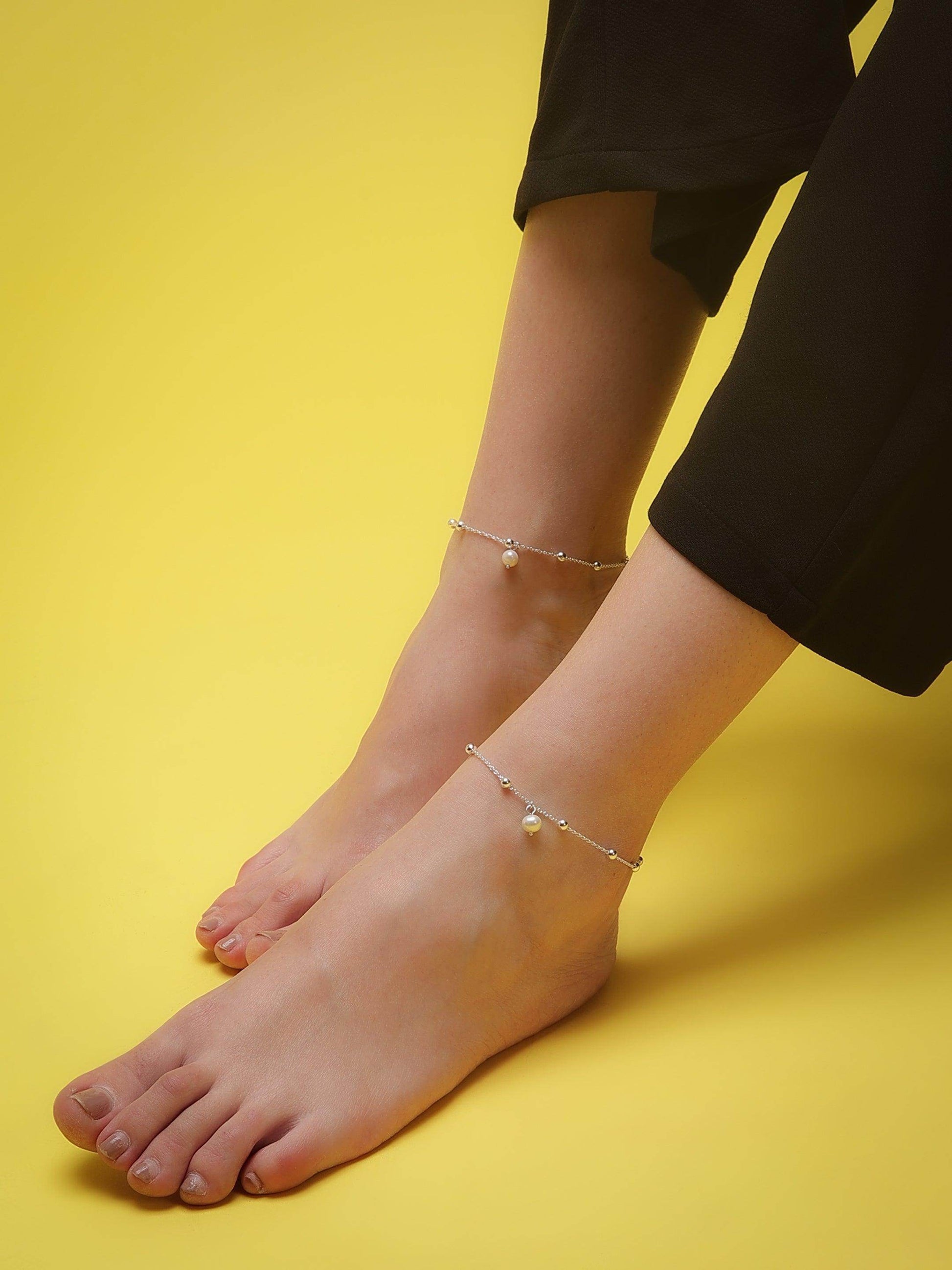 Silver Pearl Drop Anklets - SAAAR Jewellery